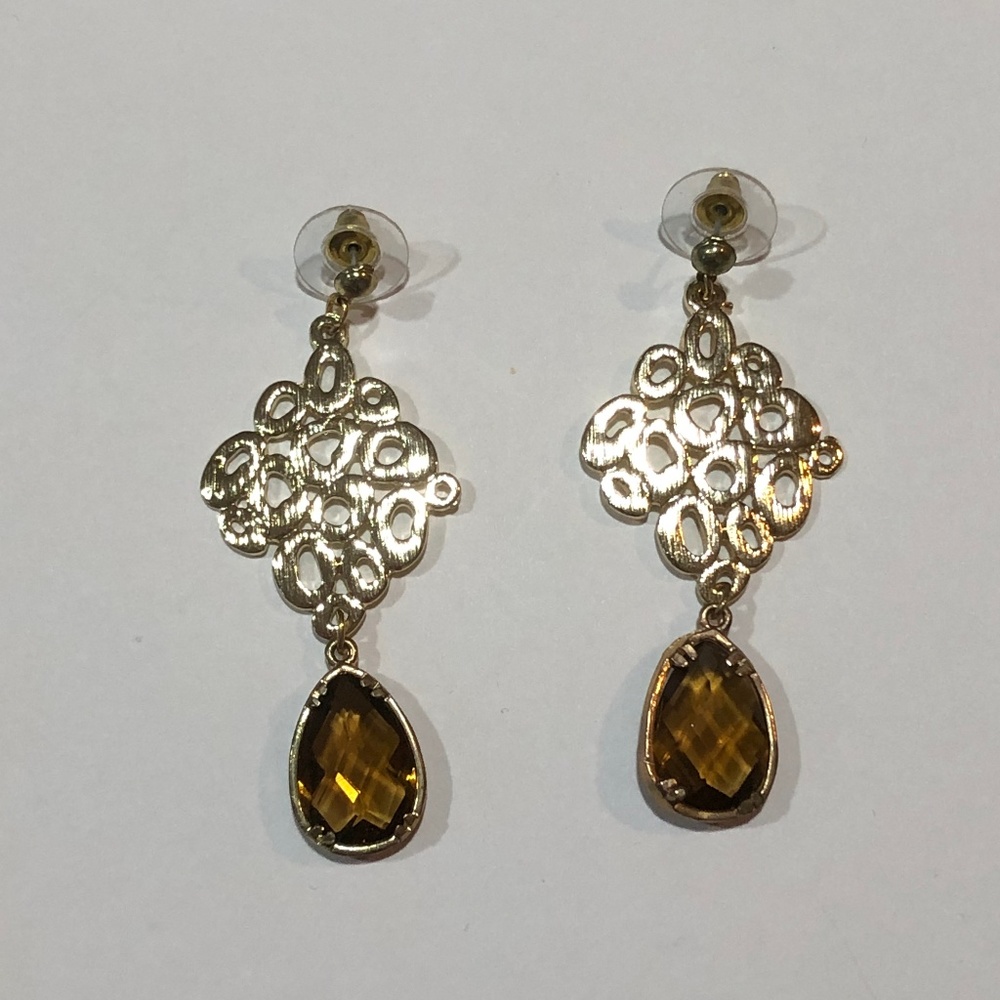 Gold-Tone Chandelier Earrings With Brown Pendant